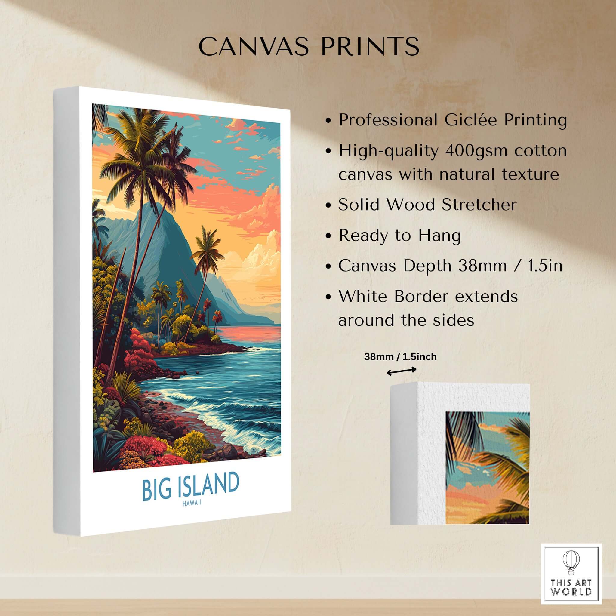Big Island Hawaii Tropical Beach Art Print | Lush Green Coast Poster displaying vibrant tropical scenery and canvas details.
