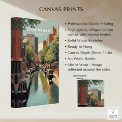 Birmingham England city canal travel poster on gallery-wrapped cotton canvas wall art print