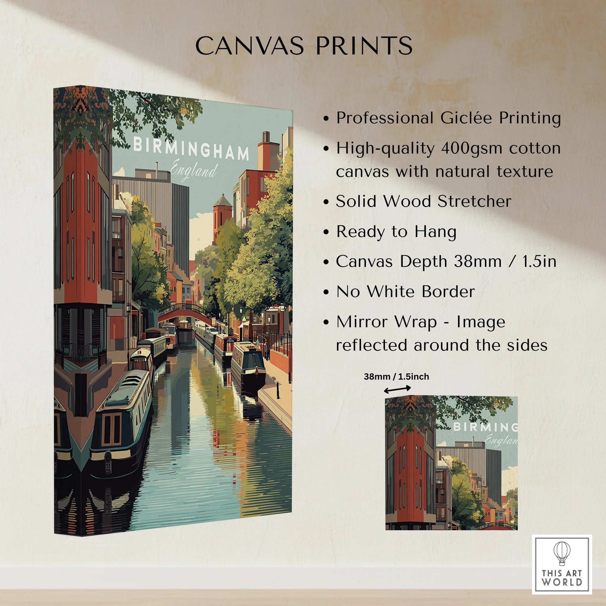 Birmingham England city canal travel poster on gallery-wrapped cotton canvas wall art print