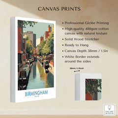 Birmingham city canal wall art on stretched cotton canvas print, ready to hang
