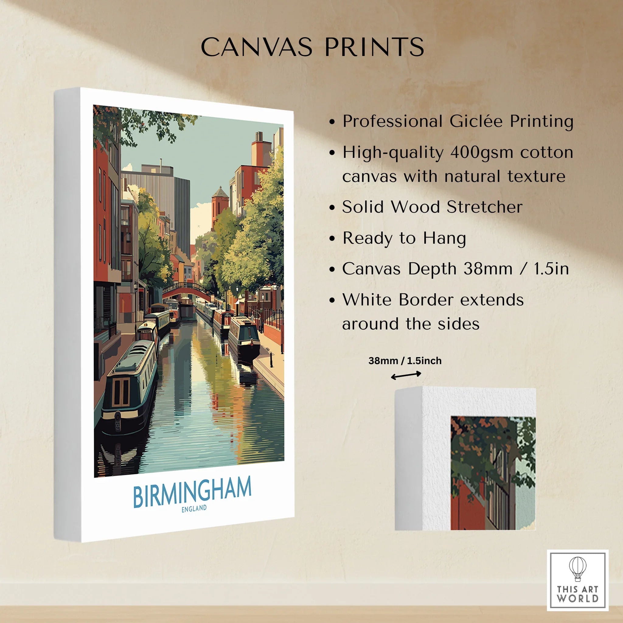 Birmingham city canal wall art on stretched cotton canvas print, ready to hang