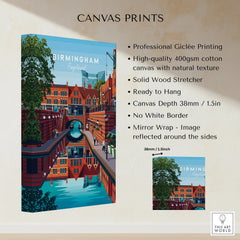 Birmingham England travel poster canvas print with vibrant cityscape and canal artwork, 1.5 inch depth.