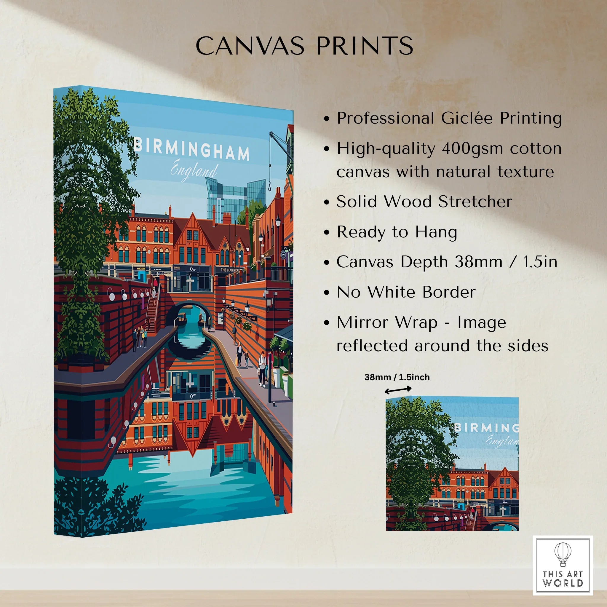 Birmingham England travel poster canvas print with vibrant cityscape and canal artwork, 1.5 inch depth.
