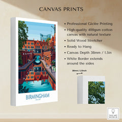 Birmingham cityscape canvas print with canal view, white border, and product features listed.