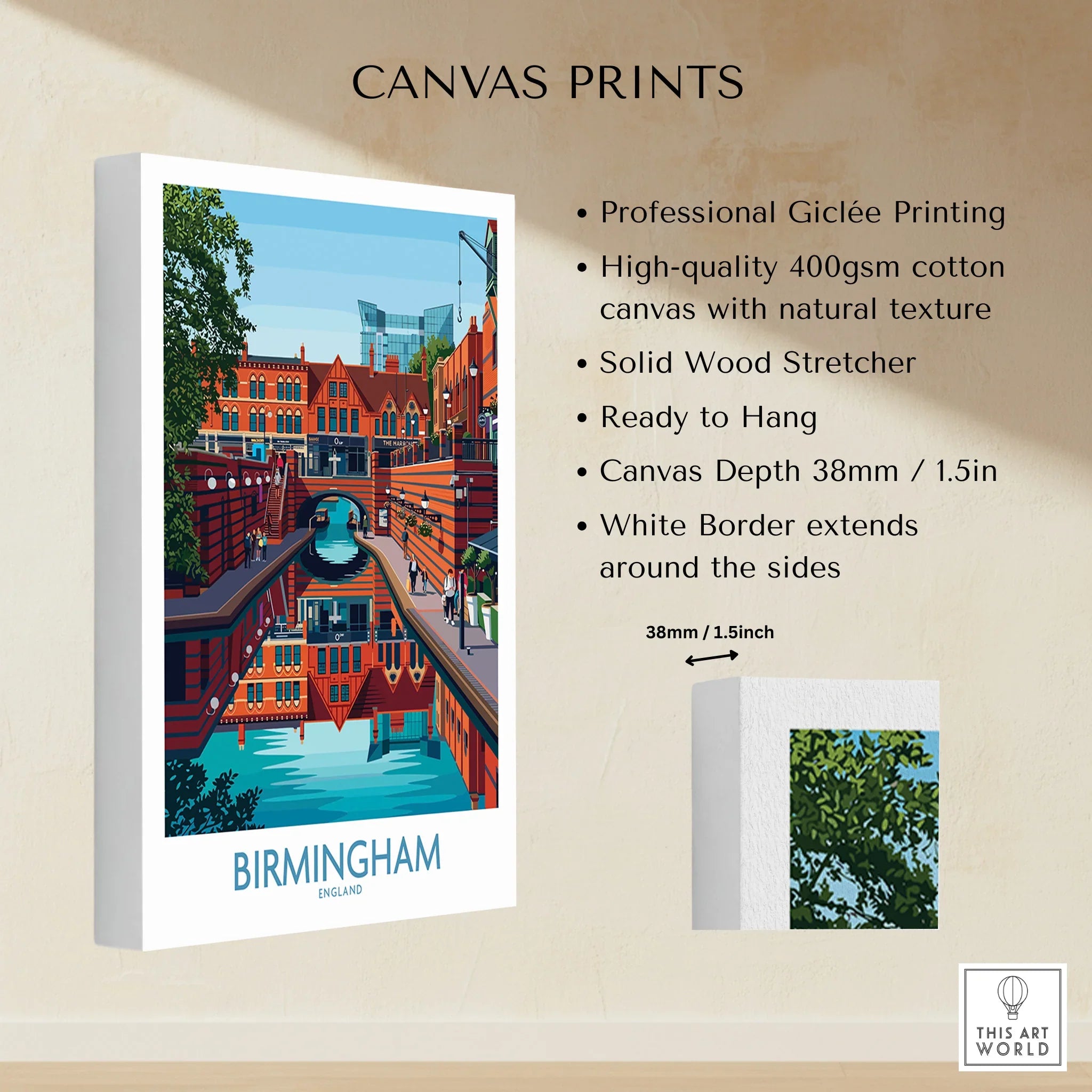 Birmingham cityscape canvas print with canal view, white border, and product features listed.