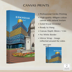 Birmingham England canvas wall art print with city skyline and floral plaza details