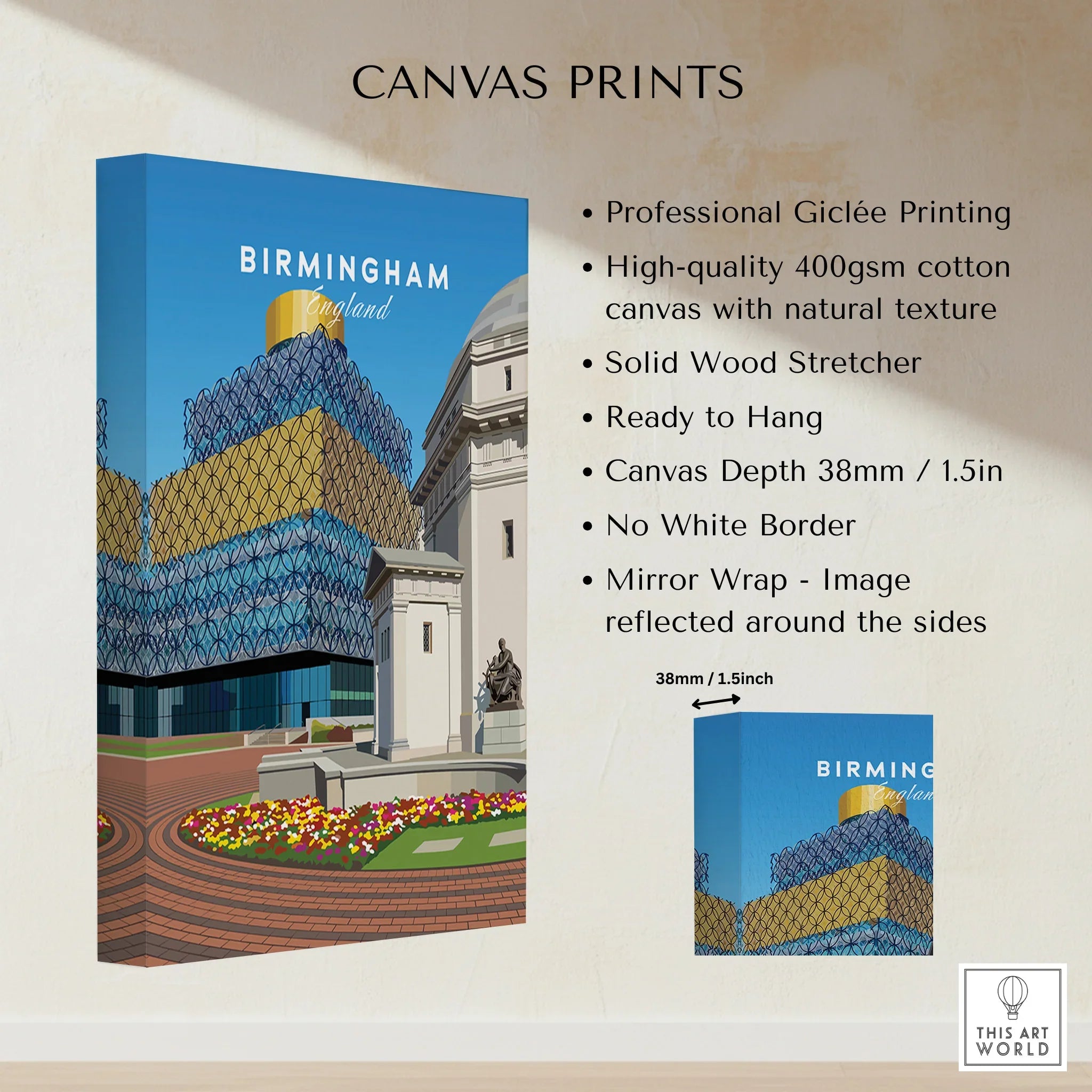 Birmingham England canvas wall art print with city skyline and floral plaza details