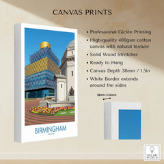 Birmingham city skyline canvas print with modern building, white border, and wall art details.