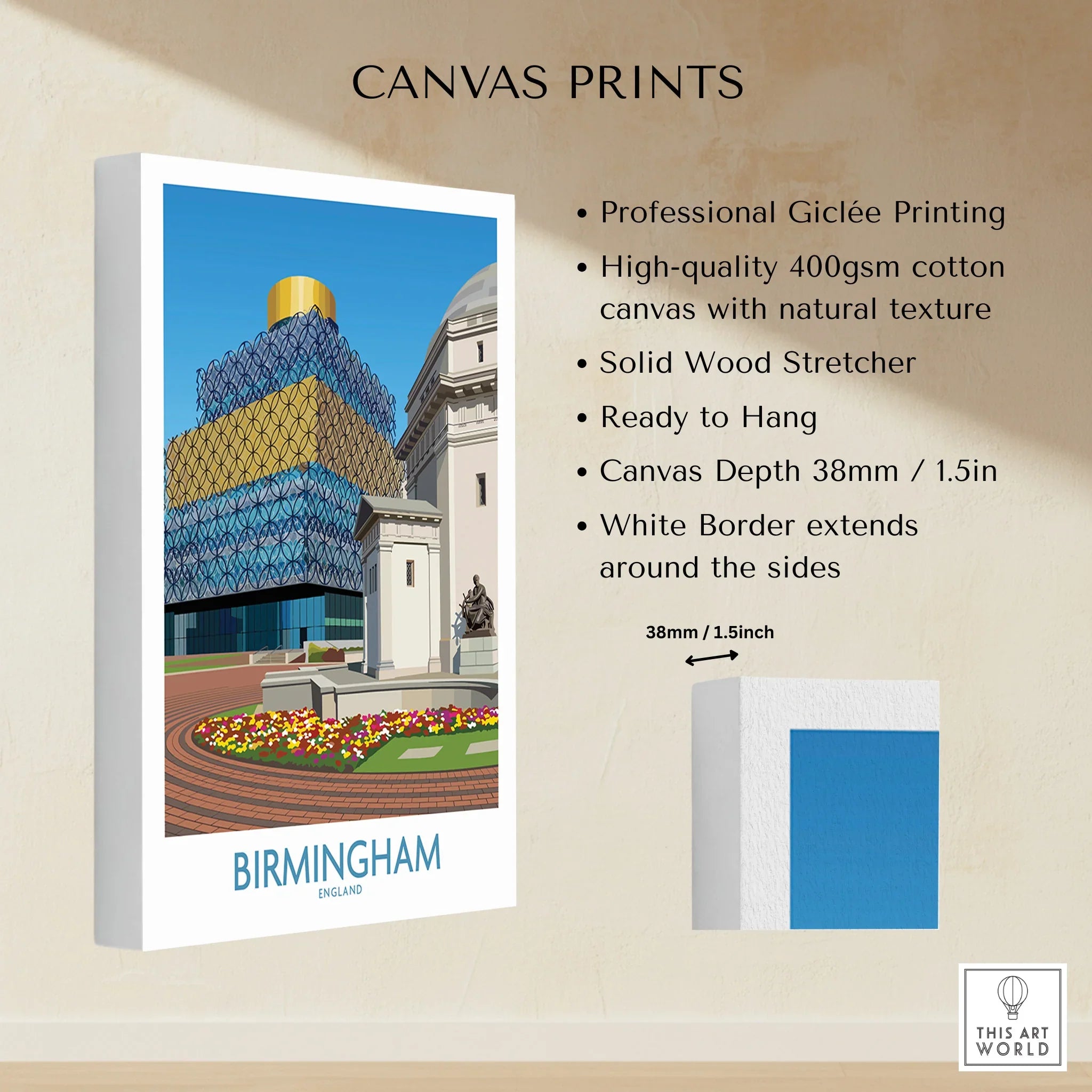 Birmingham city skyline canvas print with modern building, white border, and wall art details.