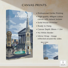 Birmingham England cityscape canvas print with detailed skyline and fountain, wall art decor