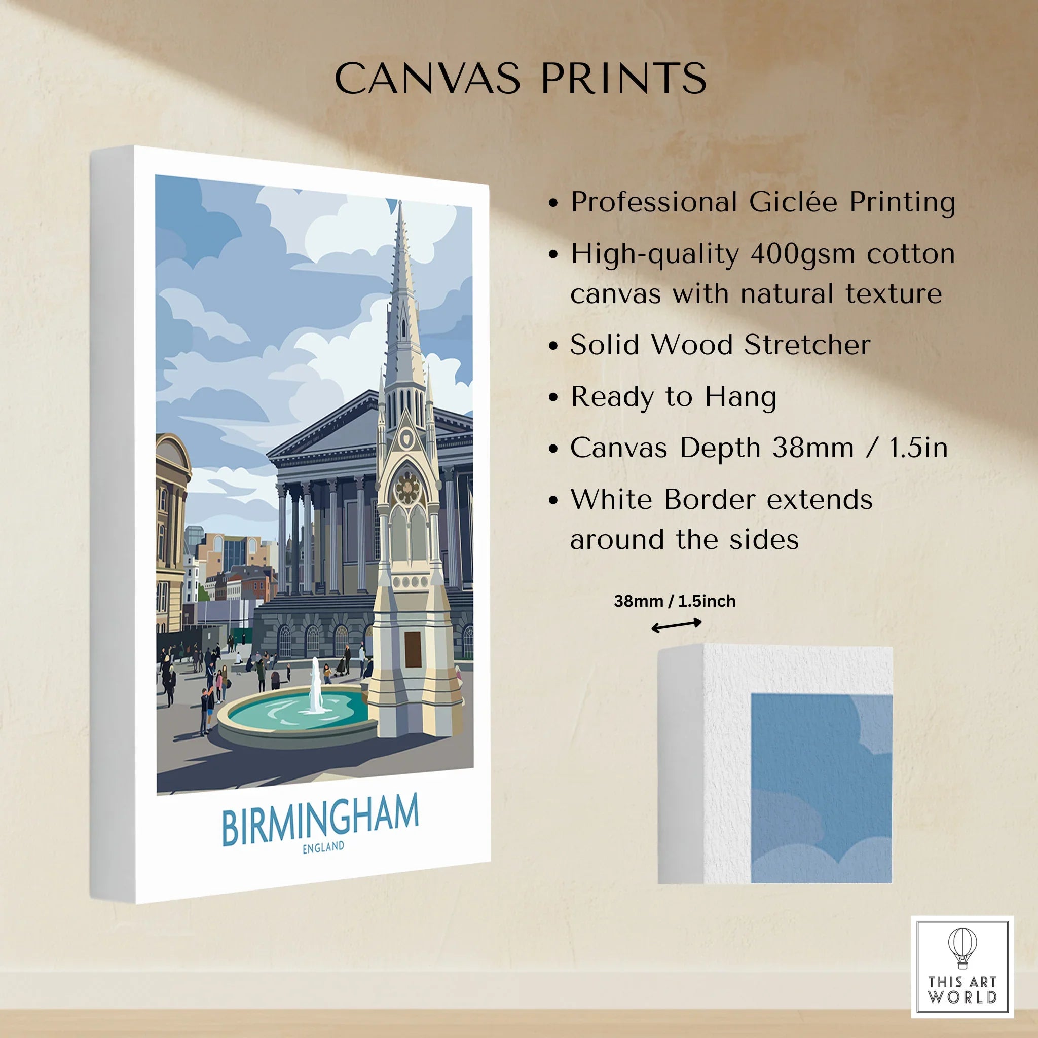 Birmingham England cityscape canvas print with white border, giclée on cotton canvas