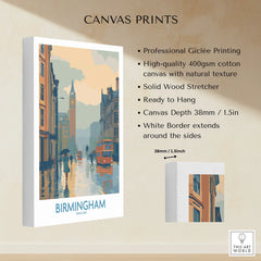 Birmingham cityscape wall art print on stretched cotton canvas with white border, 38mm depth.