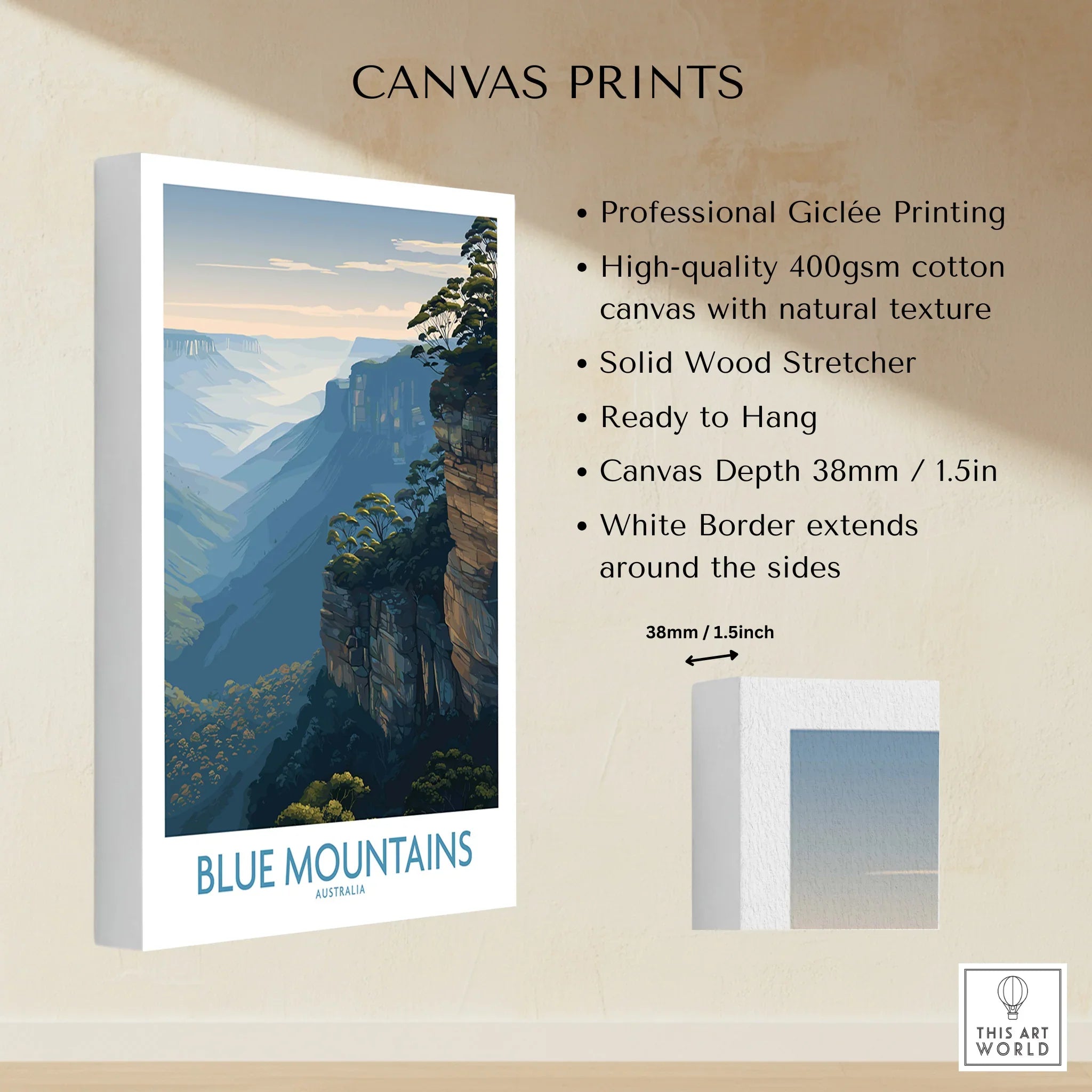 Blue Mountains Australia canvas print with scenic cliffs, lush forest, and ready-to-hang features.