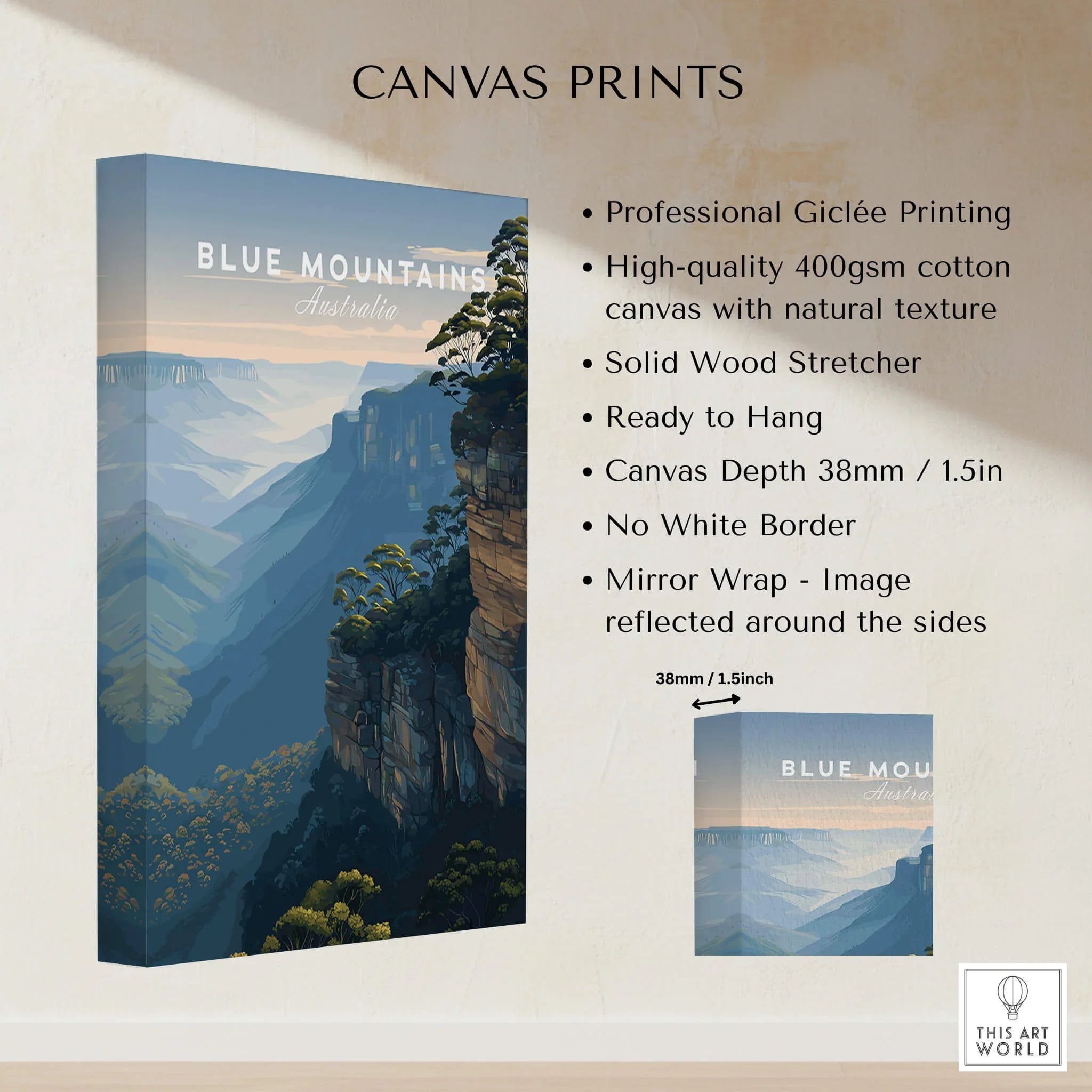 Blue Mountains Australia canvas print with cliff landscape, stretched cotton, wall art details
