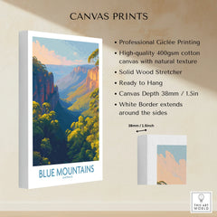 Blue Mountains Australia canvas print with scenic landscape, solid wood stretcher, and white border.
