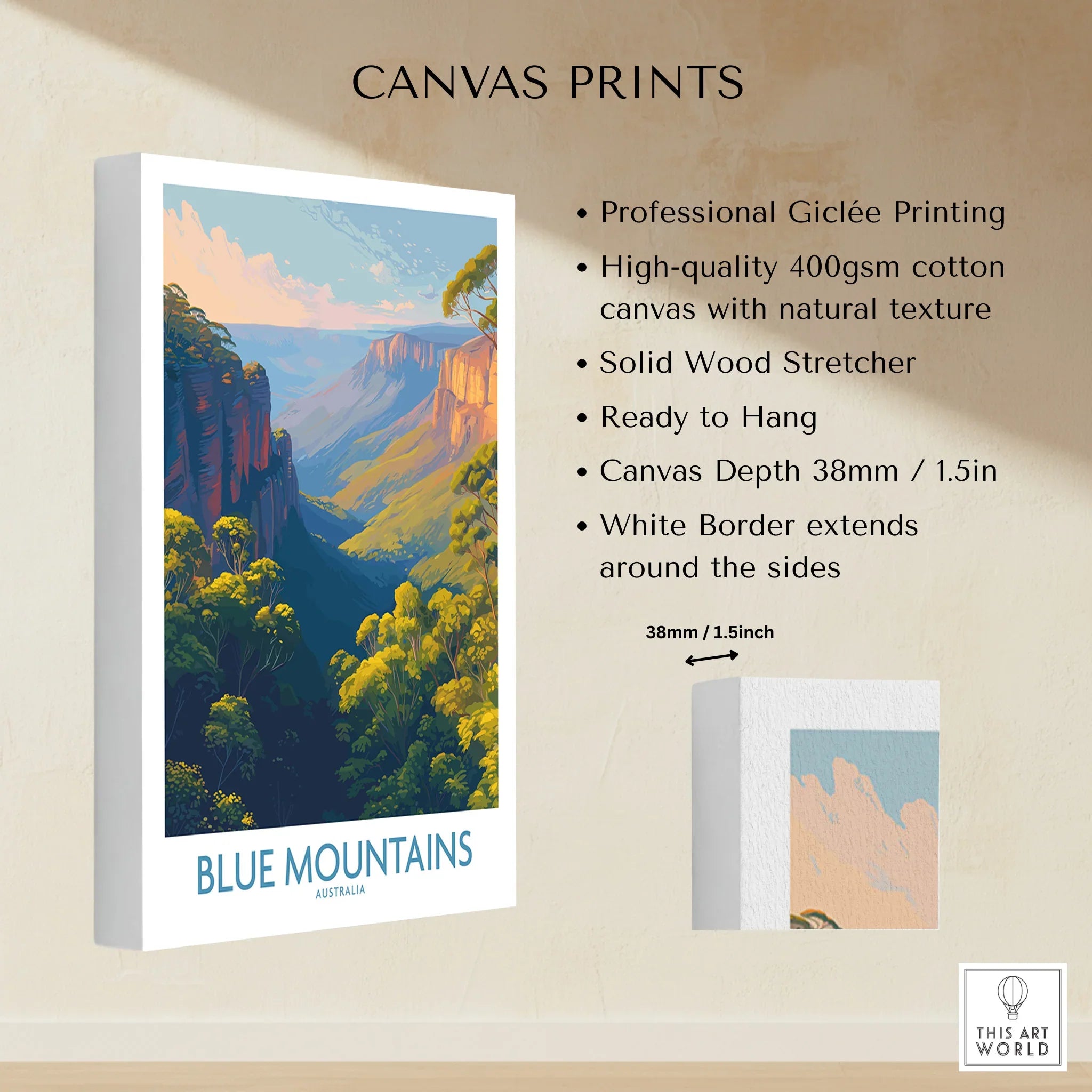 Blue Mountains Australia canvas print with scenic landscape, solid wood stretcher, and white border.