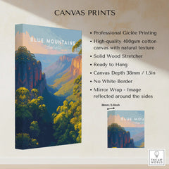 Blue Mountains Australia canvas print with colorful landscape, cotton texture, wall art details