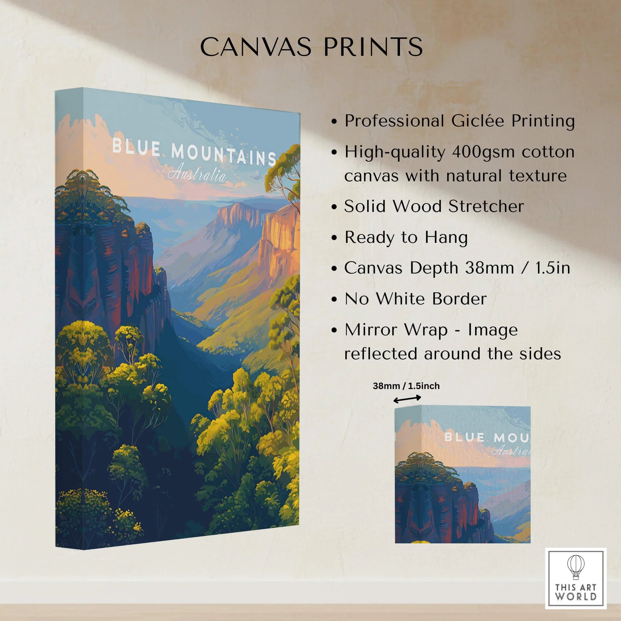 Blue Mountains Australia canvas print with colorful landscape, cotton texture, wall art details