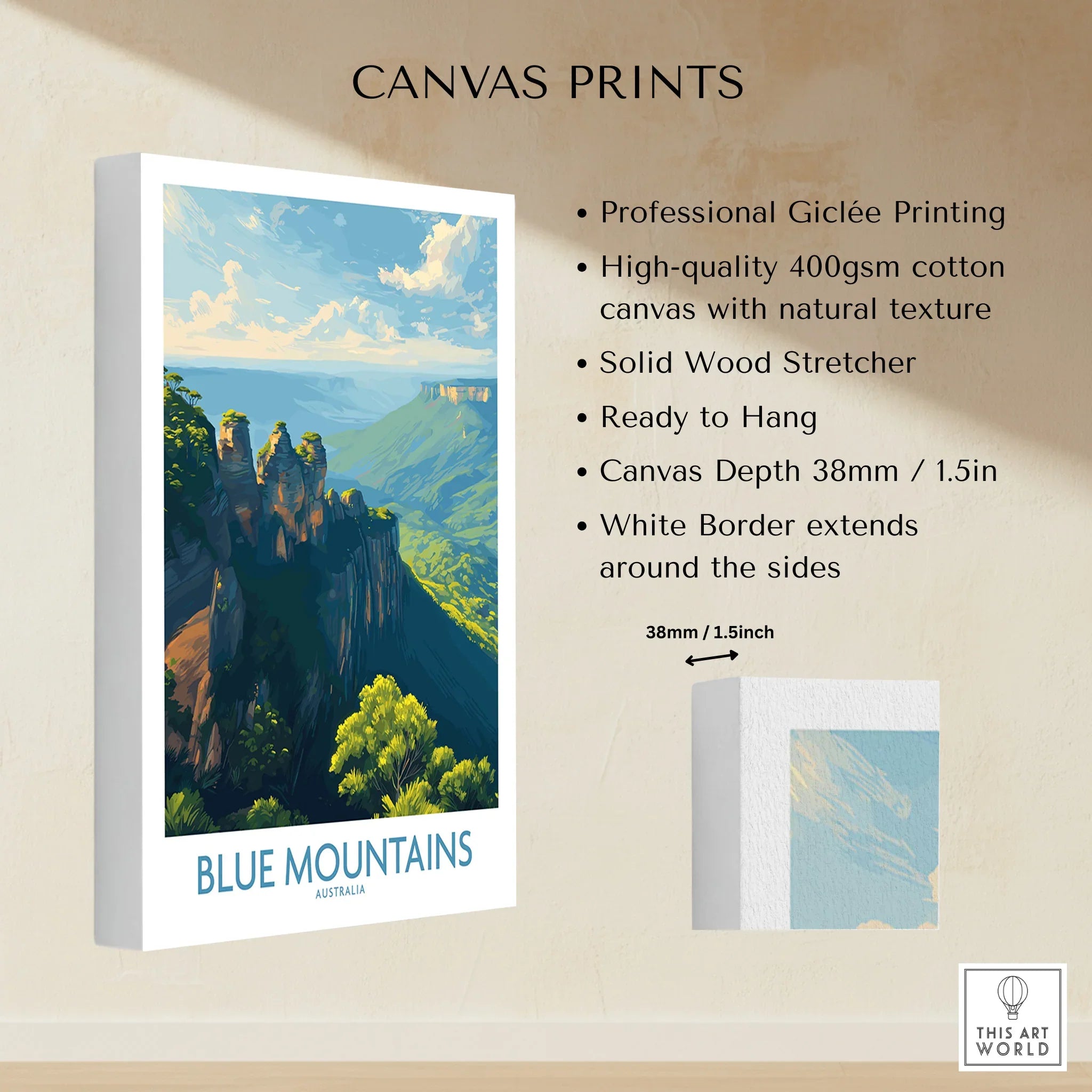 Blue Mountains Australia canvas print with vibrant landscape and gallery-wrapped cotton canvas.