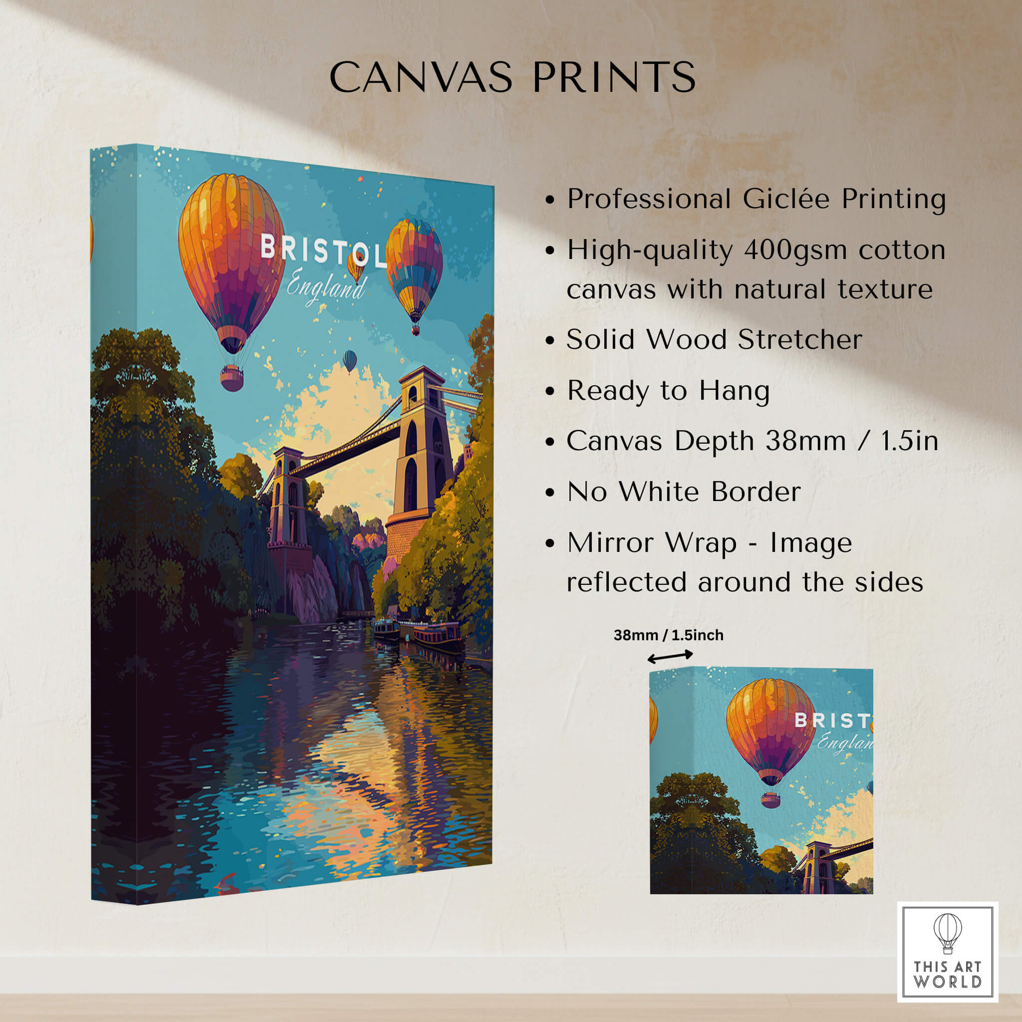 Bristol Travel Poster – Clifton Suspension Bridge and Hot Air Balloons Art showcased on high-quality canvas.