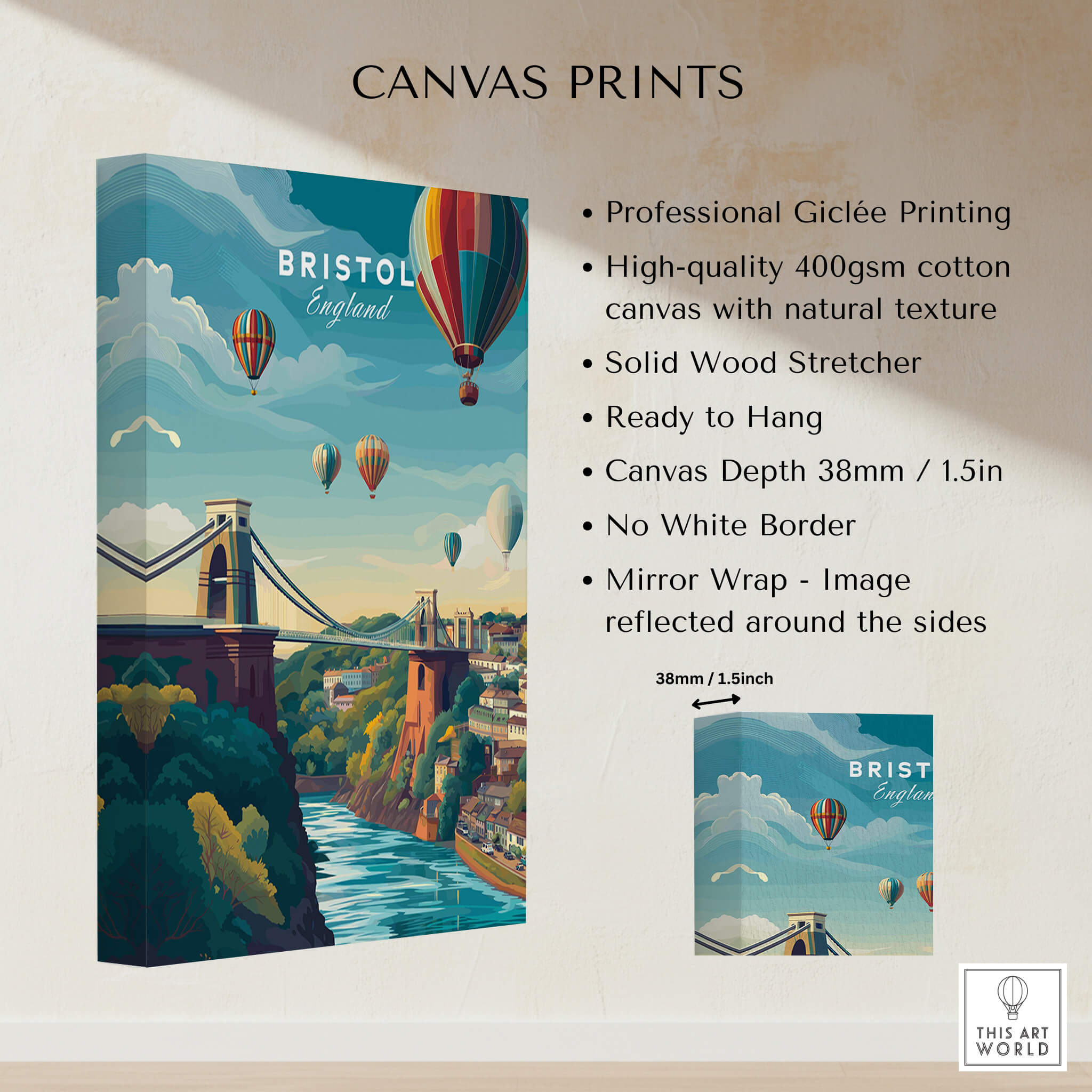 Bristol Art Print - Clifton Bridge Poster showcasing vibrant colors and high-quality giclée printing on canvas.