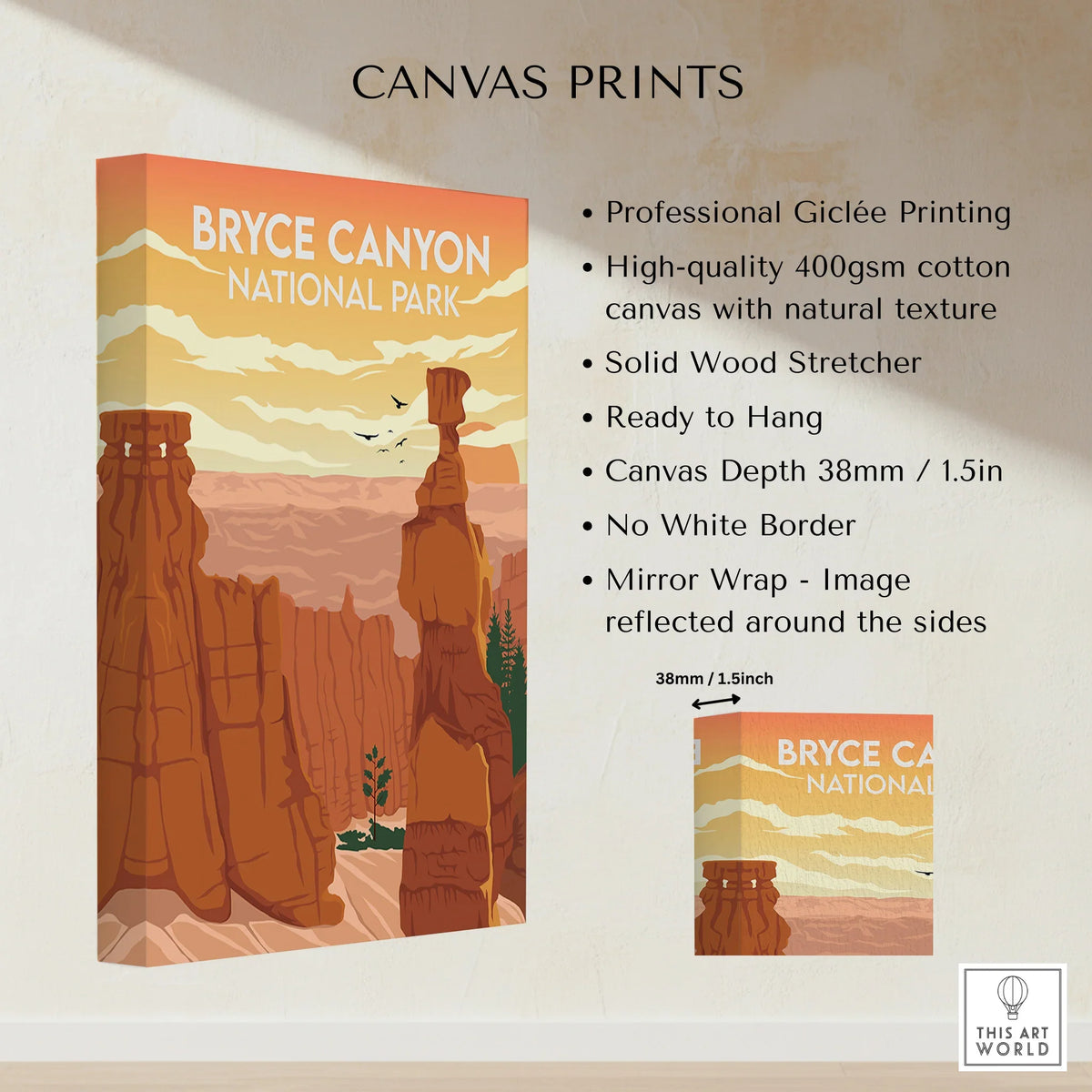 Bryce Canyon National Park canvas print with orange rock formations and sunset sky details.