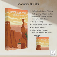Bryce Canyon National Park canvas print with orange rock formations and sunset sky details.
