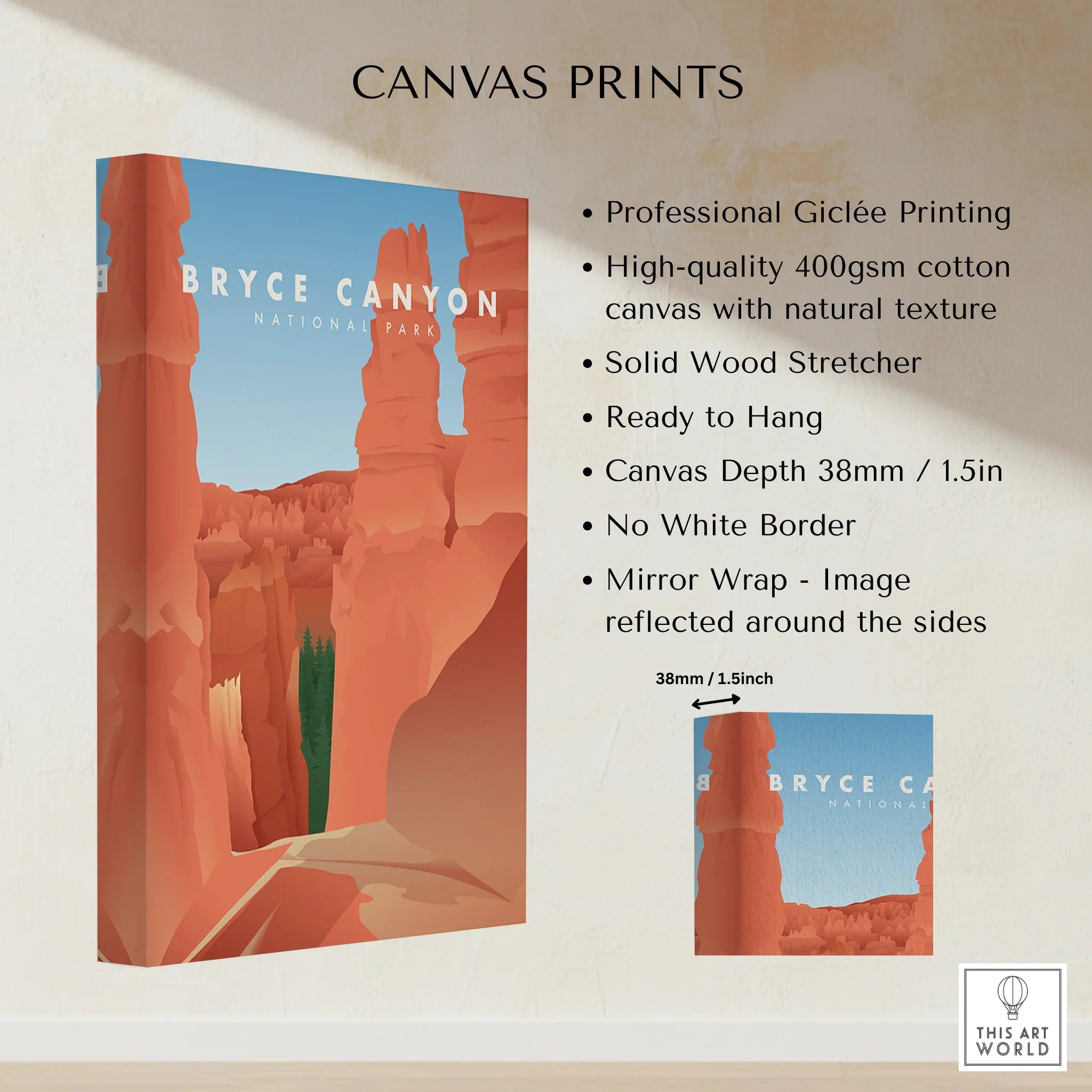 Bryce Canyon National Park canvas print with red rock formations and blue sky, wall art details