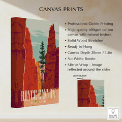 Bryce Canyon National Park canvas wall art print with red rock formations and pine tree, gallery wrap style.