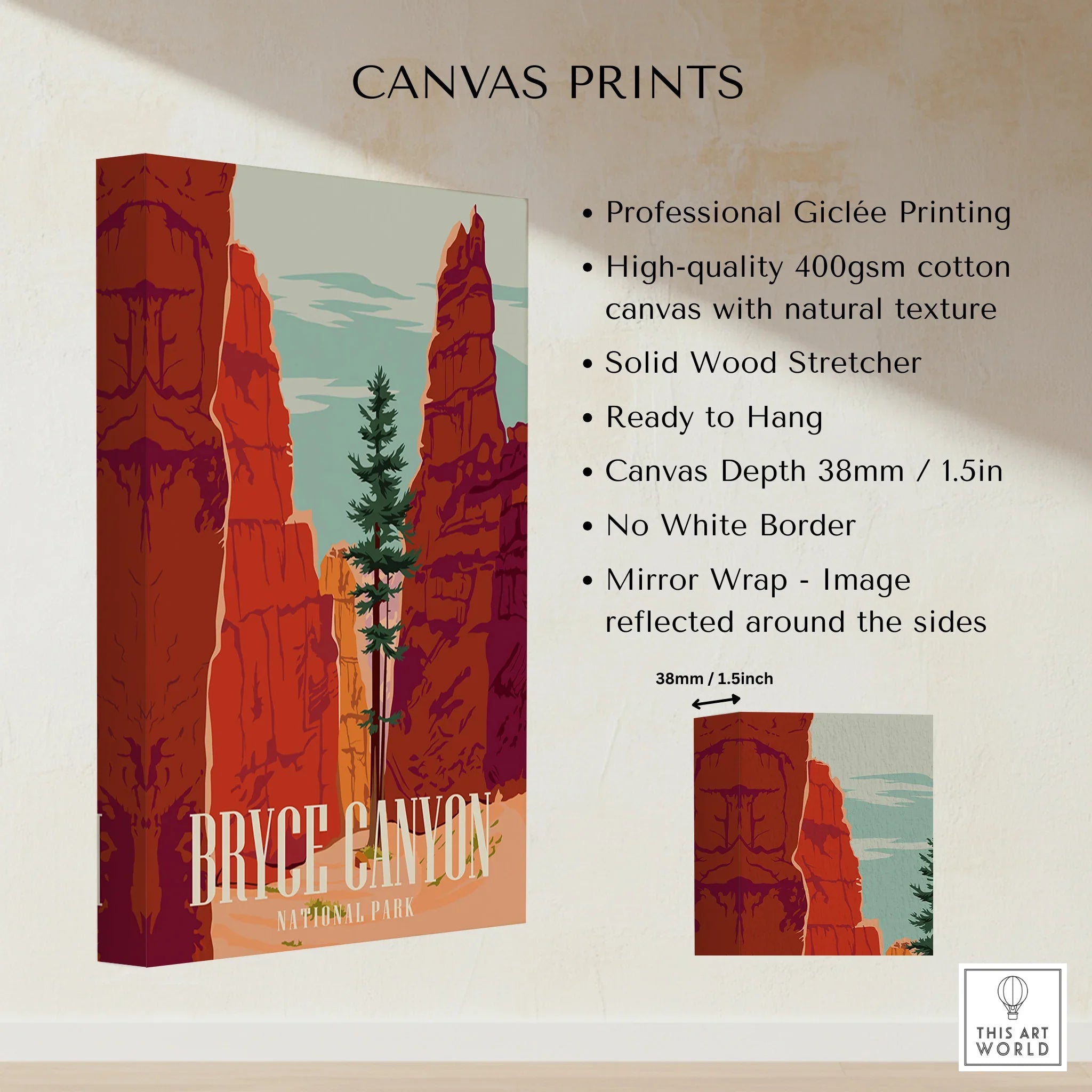 Bryce Canyon National Park canvas wall art print with red rock formations and pine tree, gallery wrap style.