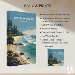 Burleigh Heads Australia Poster – Gold Coast Skyline & Iconic Surf Beach Wall Art in canvas print design with natural texture.