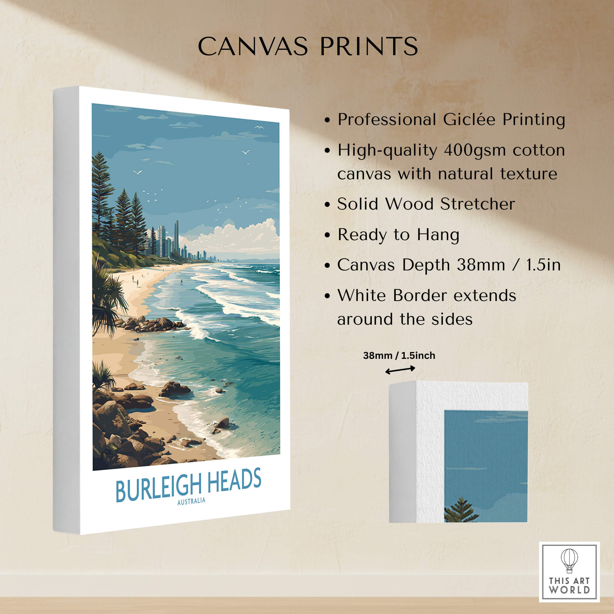 Burleigh Heads Travel Poster - Canvas Print showcasing the Gold Coast's scenic beaches and headland.