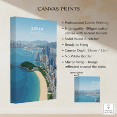 Busan South Korea skyline canvas print with cityscape, beach, and premium cotton texture details