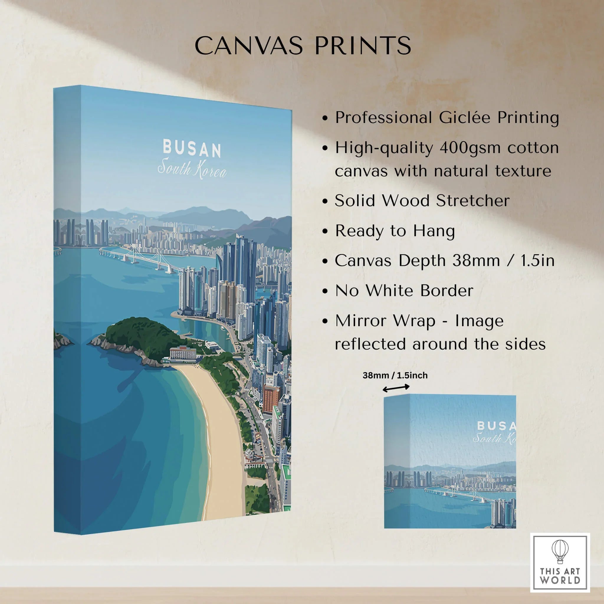 Busan South Korea skyline canvas print with cityscape, beach, and premium cotton texture details
