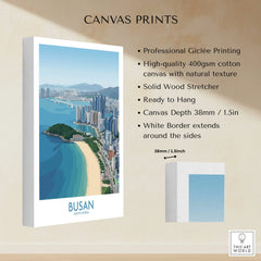 Busan South Korea canvas wall art print with city skyline, beach, and product details