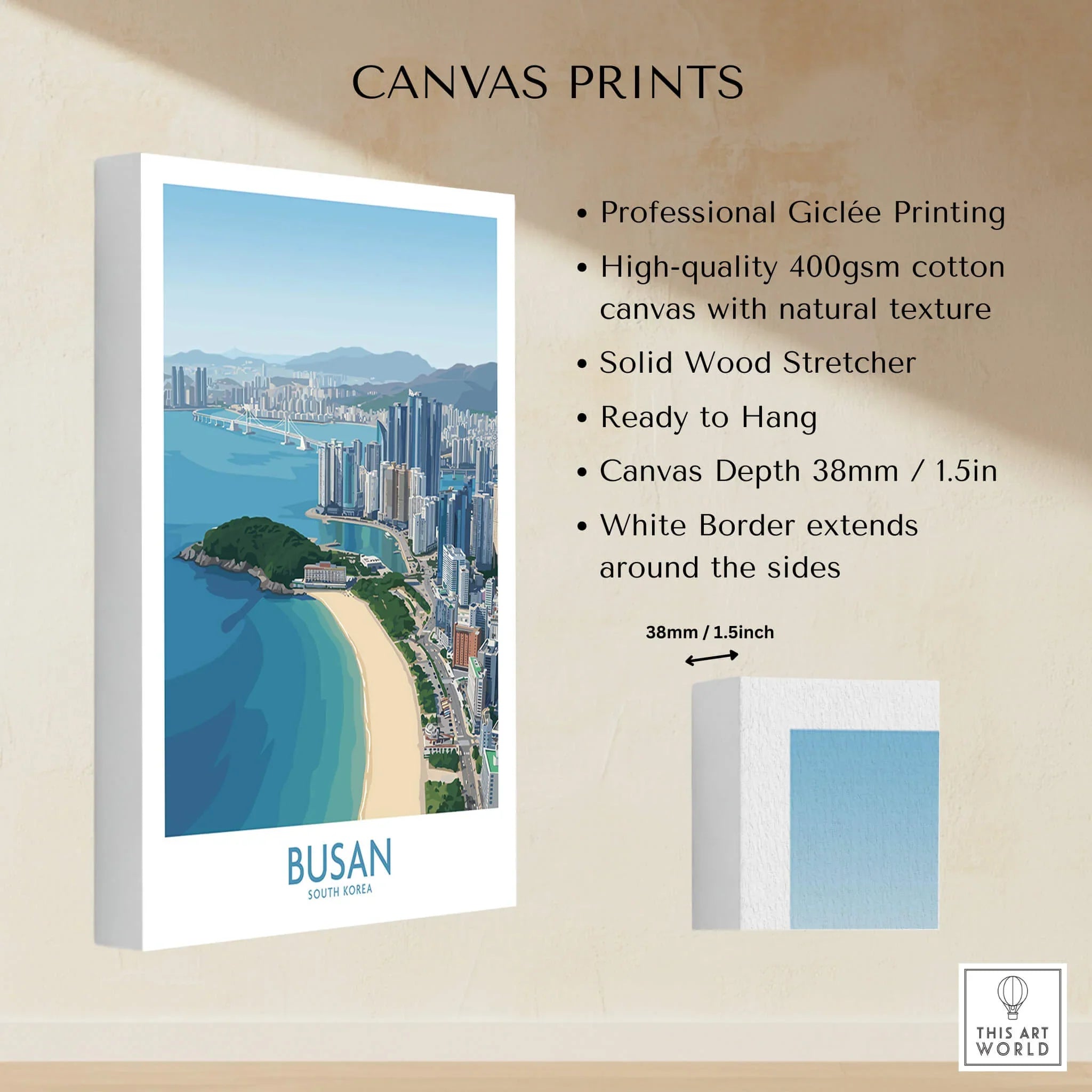 Busan South Korea canvas wall art print with city skyline, beach, and product details