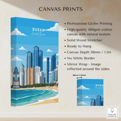 Busan South Korea skyline canvas print with beach, blue sky, and modern city buildings