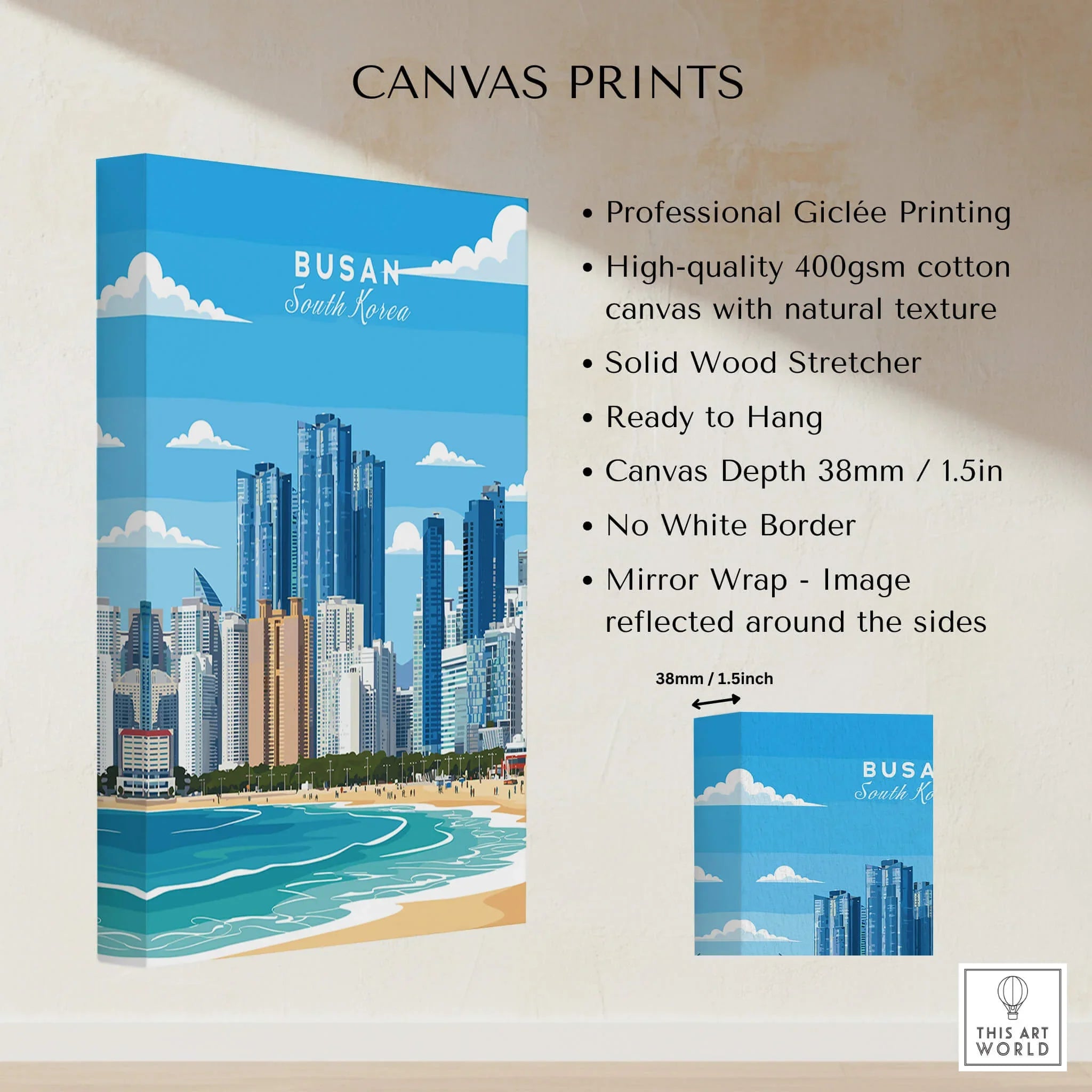 Busan South Korea skyline canvas print with beach, blue sky, and modern city buildings