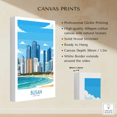 Busan South Korea city skyline canvas print with beach, modern buildings, white border, and product features listed.