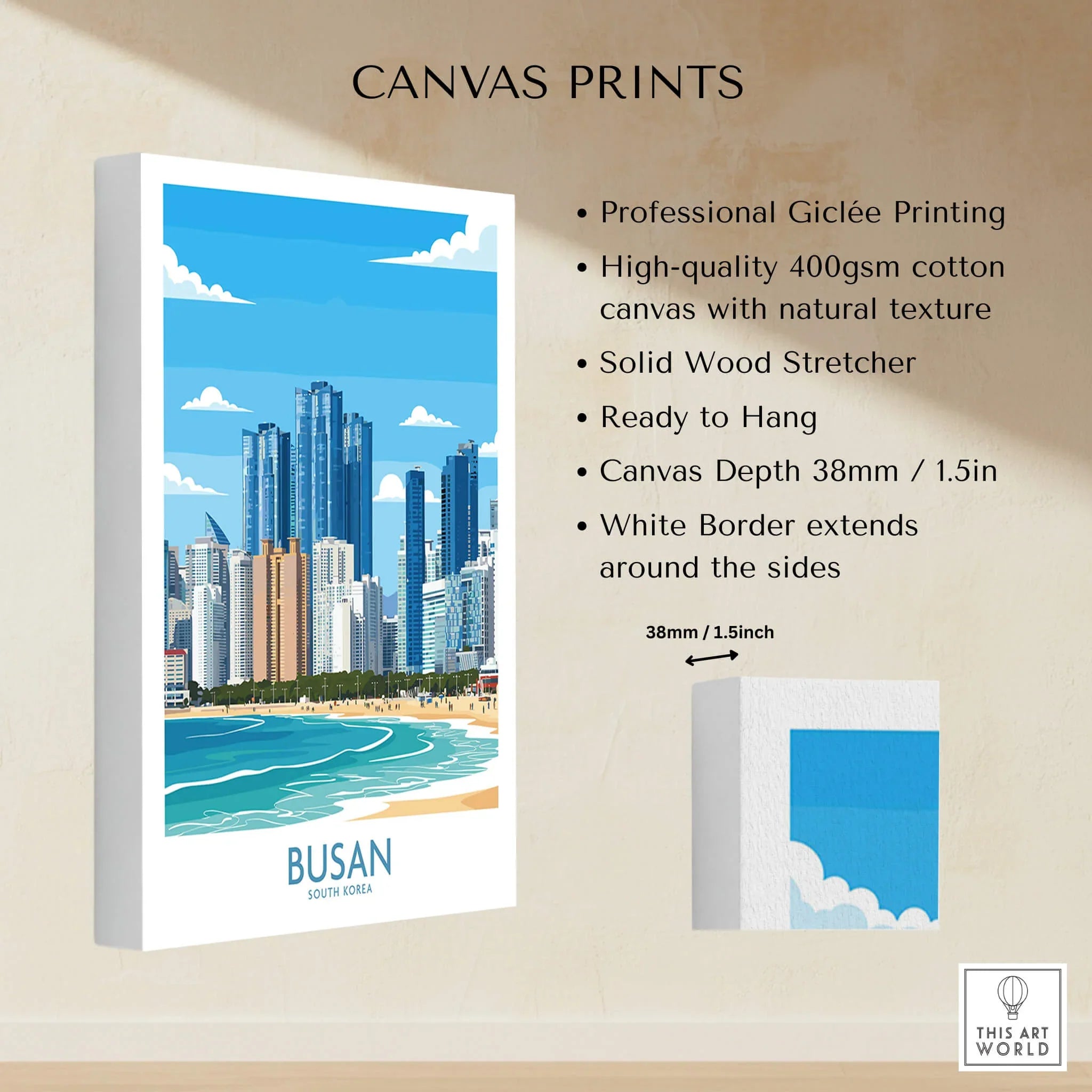 Busan South Korea city skyline canvas print with beach, modern buildings, white border, and product features listed.