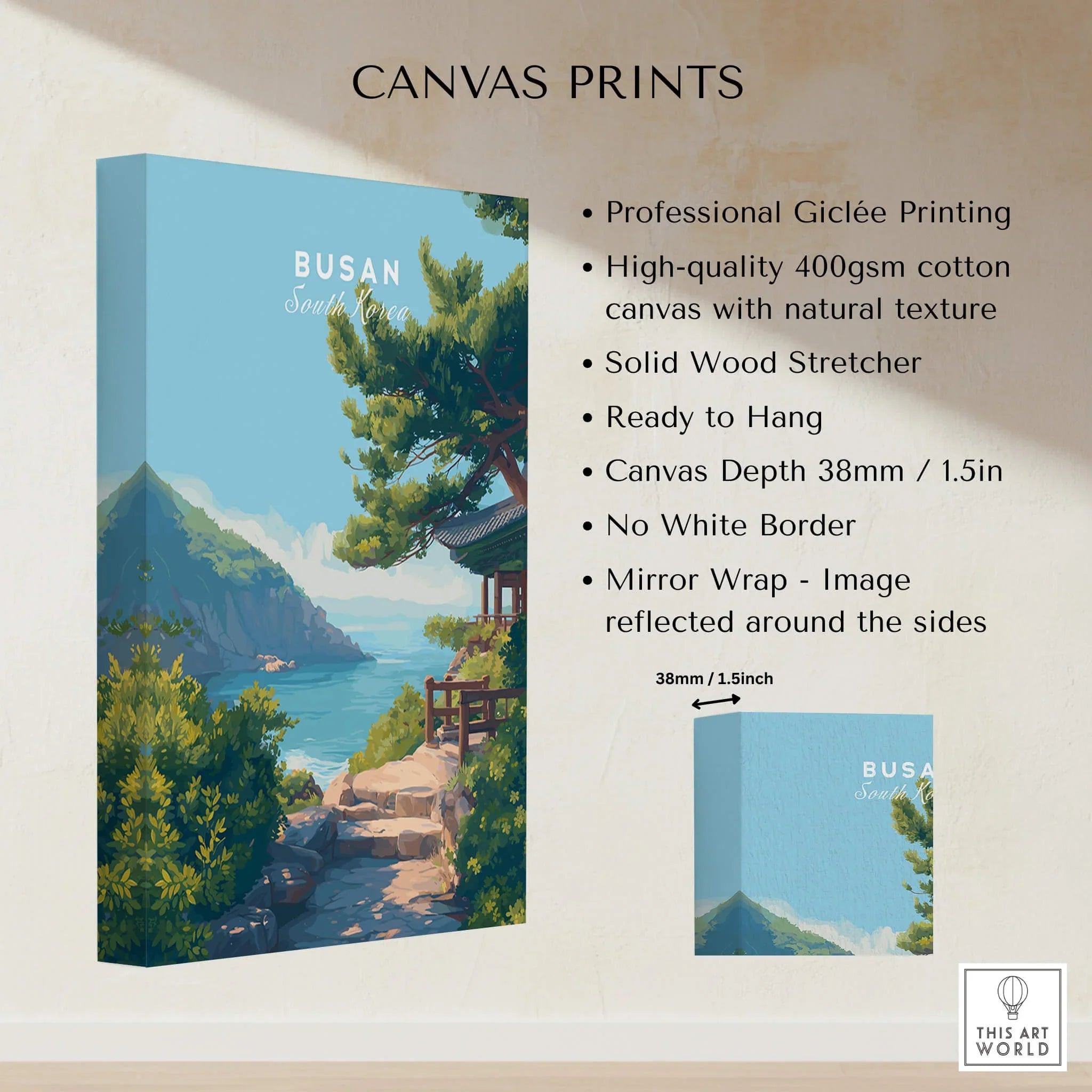 Busan South Korea wall art canvas print with scenic coastline and mountains, no white border