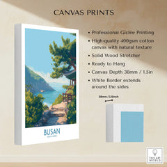 Busan travel poster canvas print with coastal landscape, wood stretcher, and white border details