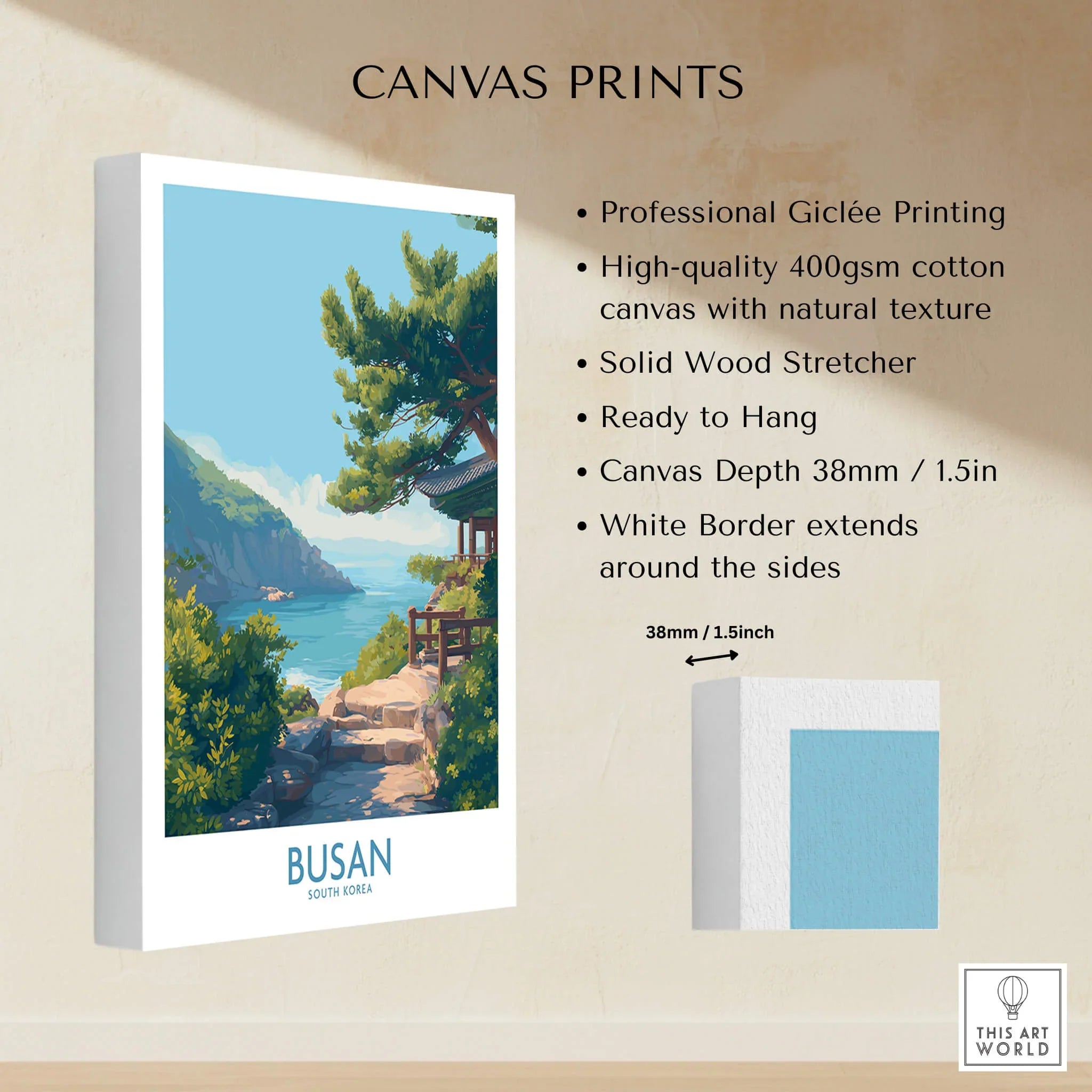 Busan travel poster canvas print with coastal landscape, wood stretcher, and white border details