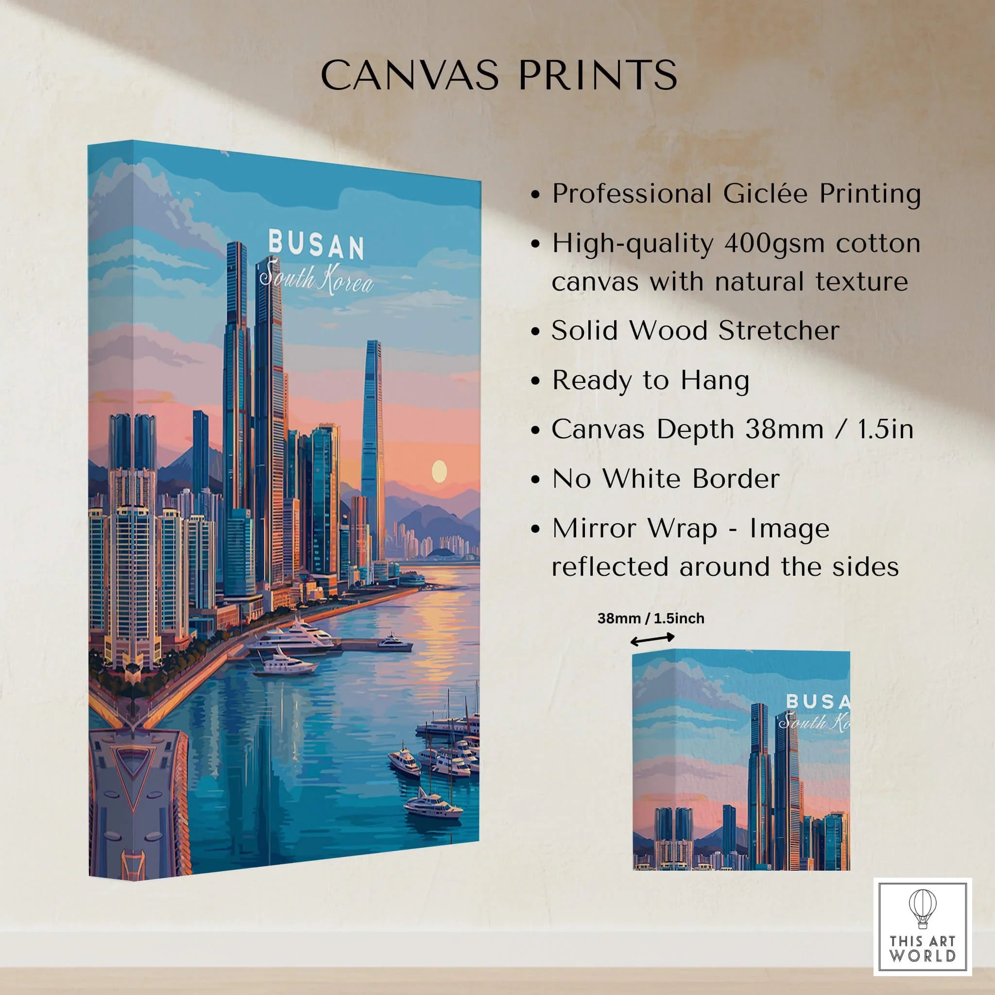 Busan South Korea skyline canvas print with sunset, waterfront, and yachts, wall art details