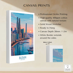 Busan South Korea skyline canvas print with marina, sunset, and high-rise buildings, wall art details shown.