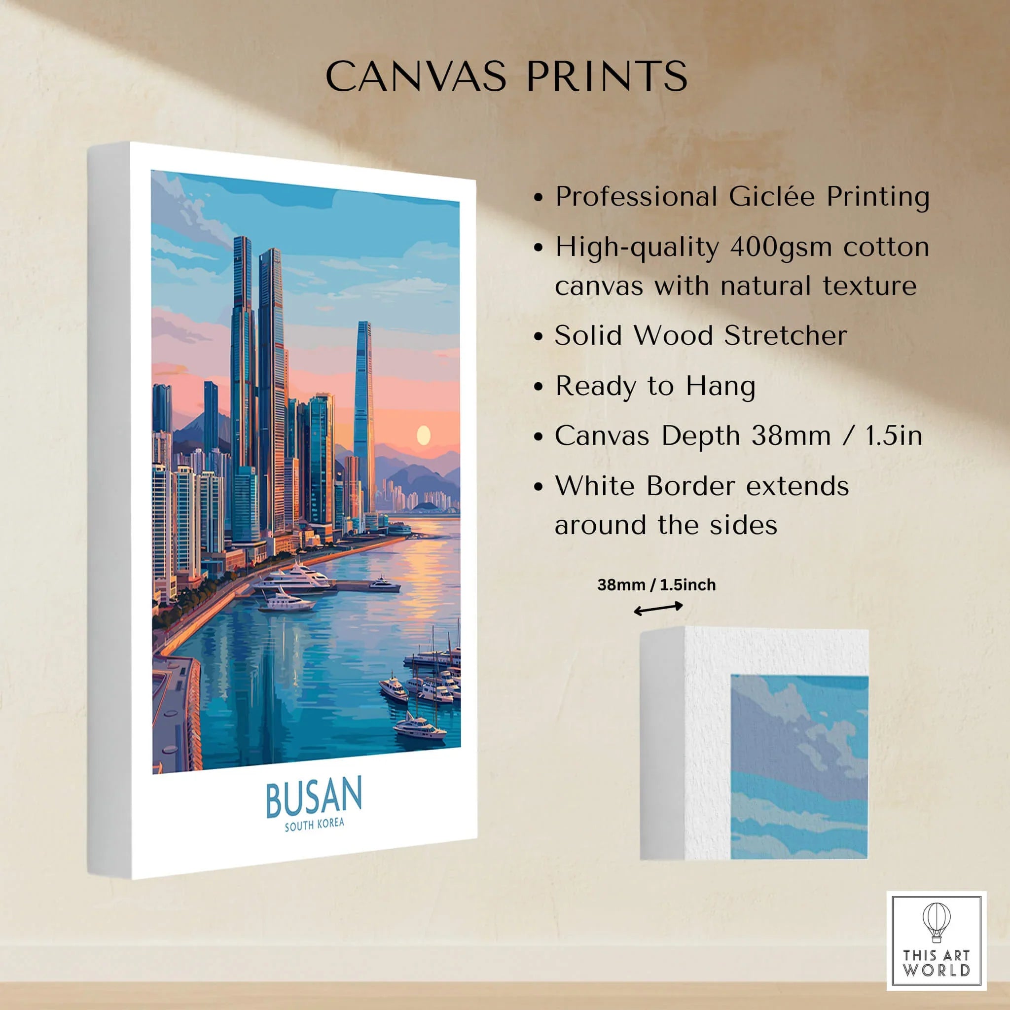 Busan South Korea skyline canvas print with marina, sunset, and high-rise buildings, wall art details shown.