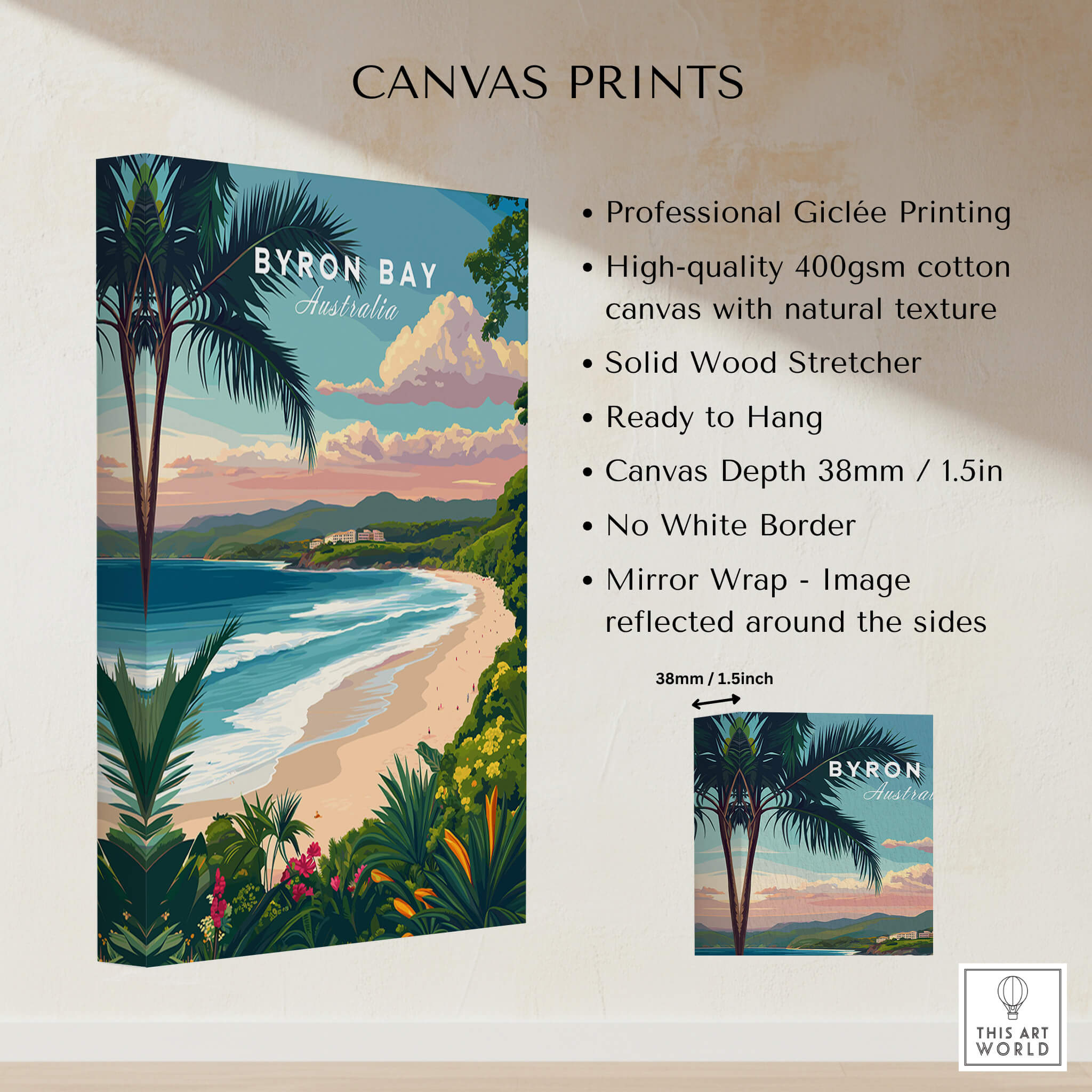 Byron Bay Australia Travel Poster showcasing stunning coastal scenery and palm trees, printed on high-quality canvas.