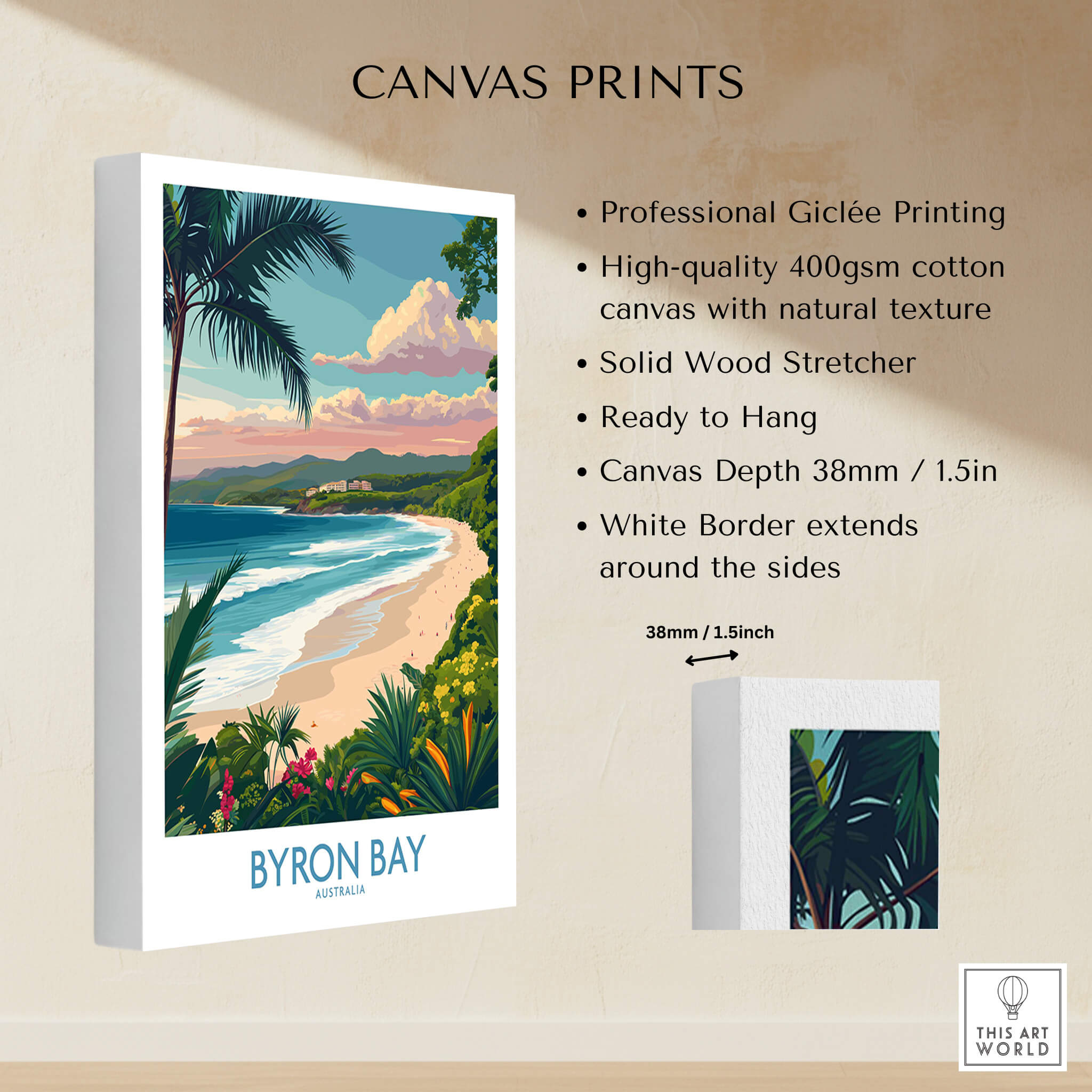 Byron Bay Poster - Australia Wall Art displayed as a high-quality canvas print with vibrant coastal landscape.