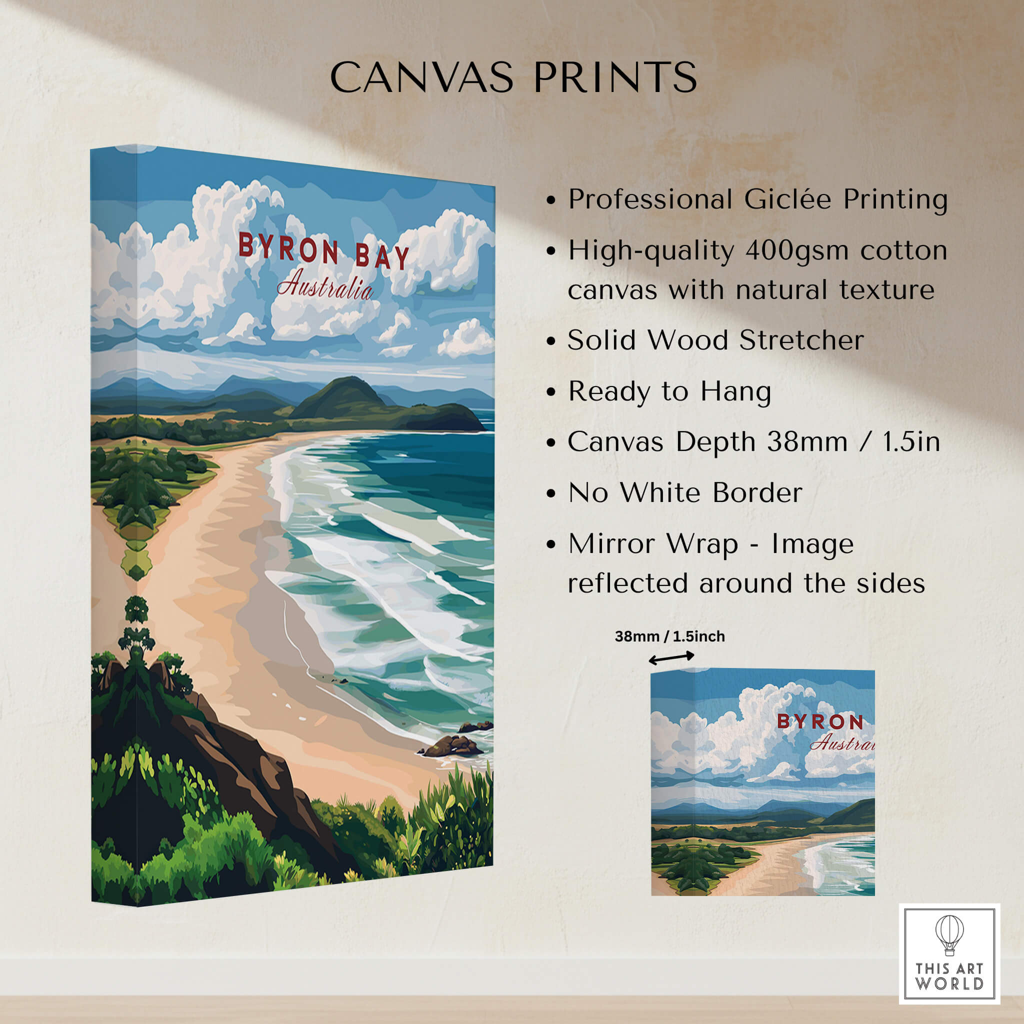 Byron Bay Beach Print - Australia Wall Art showcasing professional giclée printing on high-quality canvas.