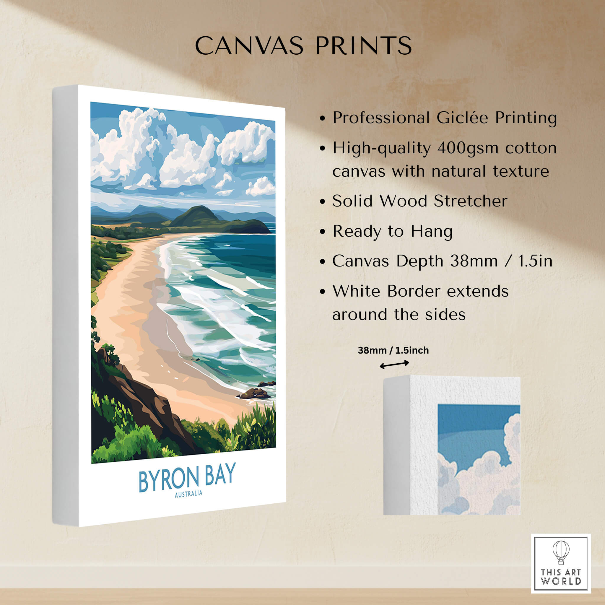 Byron Bay Wall Art Print Australia featuring stunning coastline and lush landscape with professional Giclée printing.